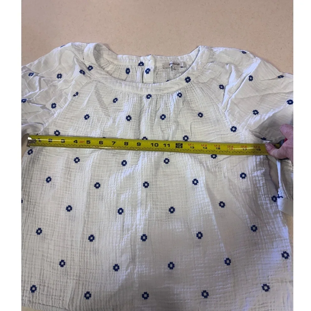 Madewell White Blue Embroidered Double Gauze Button Back Puff Sleeve Top M